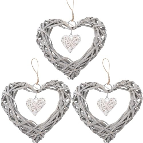 Ciieeo 3pcs Wicker Heart Wreath Hanging Decoration for Wedding, Birthday, Party, Home Decor Double Heart Design with Rope
