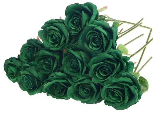 Felice Arts 12 Pack Green Artificial Roses Emerald Green Flowers with Stems Silk Roses Fake Flowers Bouquet for St Patricks Day Decoration Wedding Centerpiece Table Vase Home Kitchen Party DIY Decor