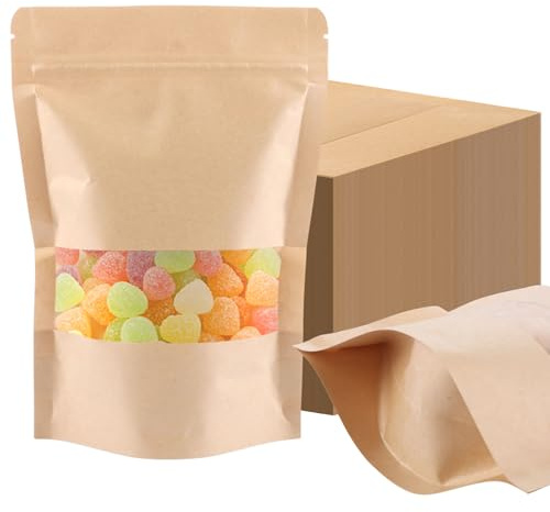 FWEEK Bolsas Papel Kraft con Ventana 200pcs, 14x20cm Bolsas de Papel Kraft Pequeñas Reutilizables, Doypack Kraft con Ventana Transparente para Alimentos, Café, Té, Snacks