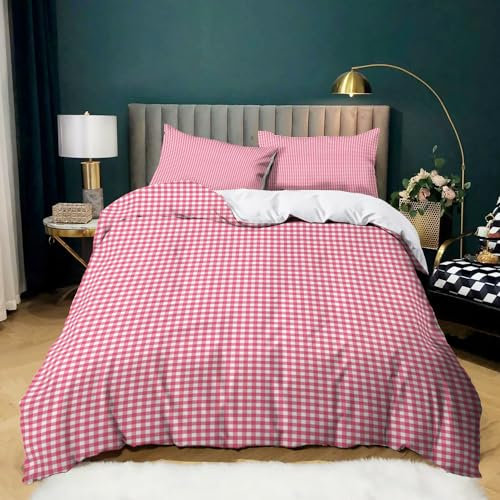 Srigzcaly Set Housse de Couette 240 x 220 cm ChèQue Vichy Parure de Lit 2 Personnes et 2 Taies d'oreiller 65x65 cm, 100% Microfibre Parure de Linge de Lit avec Fermeture Éclair, Rose
