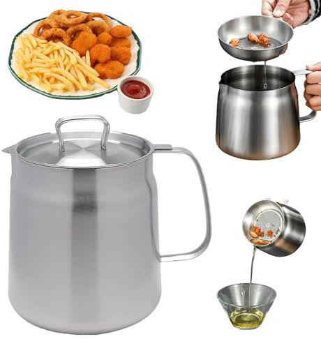 GOOEIC 2-in-1 304 Stainless Steel Multifunctional Oil Strainer Pot, Large Capacity Oil Fryer and Filter Cup Combo (1.5L)