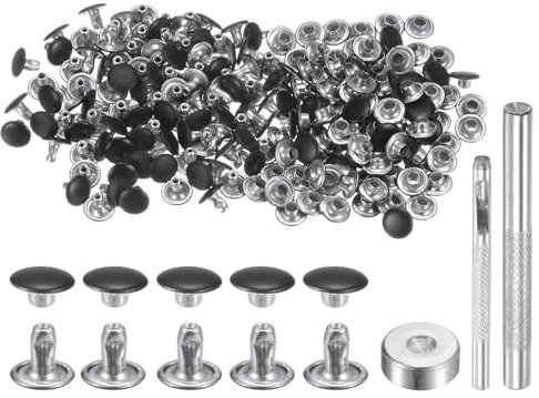 QUARKZMAN 100 Set Rivetti Pelle 8mm x 6mm Rivetti a Doppia Testa Metallo con Chiusura a Scatto e 3pz Strumenti Montaggio per Artigianato Pelle Riparazione Decorazione, Nero Opaco