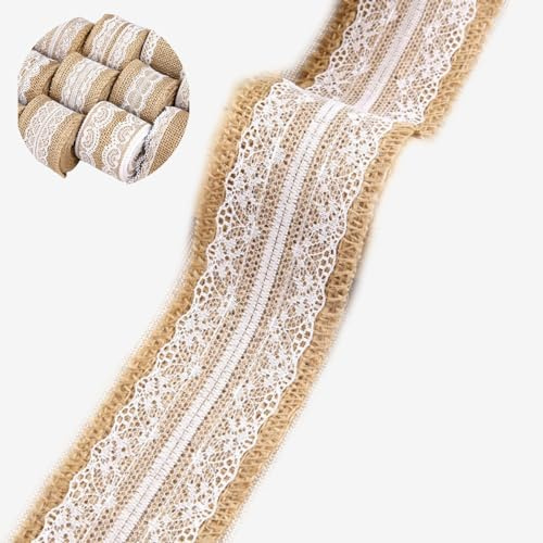 HSTWODE 10M Juteband mit Spitze, 5 cm breit Natürliche jute Bänder und Spitze, Weißer Spitze Natürlich Dekoration Für Geburtstag Hochzeit Party, Weihnachten Dekoration (Stil 8#)