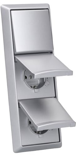 Busch-Jaeger Allwetter 44 Set: 2x SCHUKO Steckdose mit Klappdeckel 20 EUGK-33-101 + Wippschalter-Einsatz 2000/6 US + Wippe 2106-33 + 3-fach Rahmen 2103-33, Alusilber UP