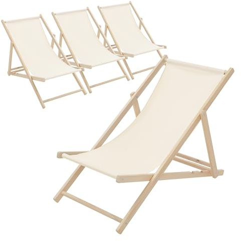 ECD Germany Set di 4 Sedie a Sdraio Pieghevoli in Legno fino a 120 kg Beige Schienale Regolabile 3 Posizioni Lettino Prendisole Spiaggia Balcone Giardino Terrazza Piscina Spiaggina da Esterno