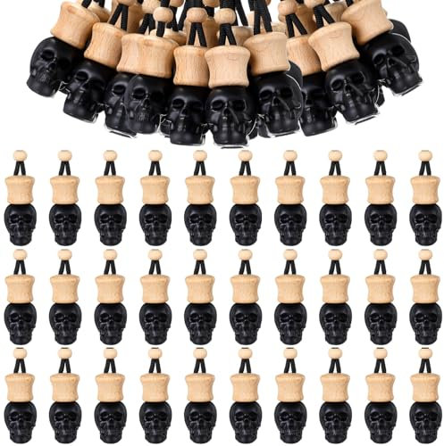 BBTO 50 Pcs Hanging Car Air Freshener Black Car Diffuser Bottles Empty Glass Perfume Bottle Freshener Diffuser Bottle Pendant for Essential Oil Fragrance Aromatherapy Bottle Ornament (Skull Head)