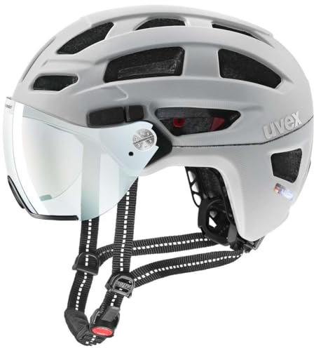 uvex Finale Visor V - sicherer City-Helm für Damen und Herren - mit selbsttönendem Visier - inkl. LED-Licht - Papyrus matt - 52-57 cm