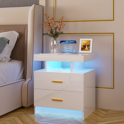 Gurexl LED Bedside Table with Wireless Charging Station, White Modern Bedroom & Living Room Night Stand with 2 Drawers