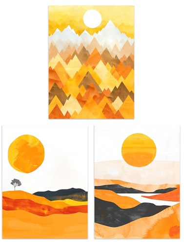 Wee Blue Coo Set of 3 Prints Bold Orange Sunset Landscape Mountains Living Room Poster Wall Art A4