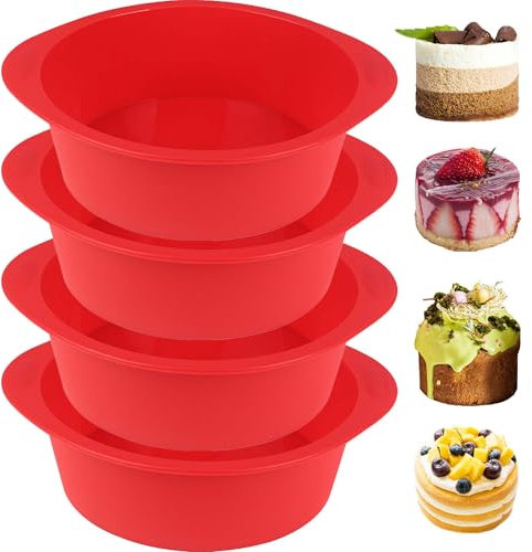 Mlying Silikon-Backform 4 Stück Silikon Kuchenform Rund, Antihaft Klein Backform 15cm, Silikonform für Kuchen, Käsekuchen und Brote(Rot, Rund)