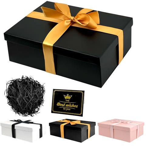 Geschenkbox mit Deckel 25 x 18 x 8,5 cm, Schwarze Geschenkbox mit Schleifen, Geschenkbox Set,Grußkarten,Raffia Hamper Shreds für Hochzeit Muttertag Geburtstag Weihnachten Valentinstag (Schwarz)