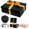 Geschenkbox mit Deckel 25 x 18 x 8,5 cm, Schwarze Geschenkbox mit Schleifen, Geschenkbox Set,Grußkarten,Raffia Hamper Shreds für Hochzeit Muttertag Geburtstag Weihnachten Valentinstag (Schwarz)