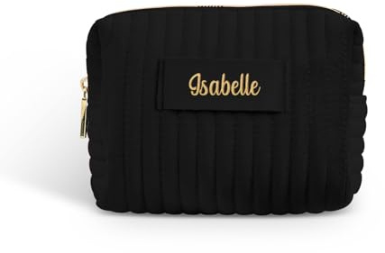 Beauty Kram - Personalisierte Kosmetiktasche mit eigenem Namen für Make Up und Reiseutensilien aus Premium Samt - Schwarz 17 x 12 cm