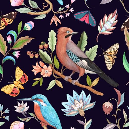 Wookmmy Vintage Black Floral Peel and Stick Wallpaper Dark Botanical Design with Bird and Butterfly Removable Self Adhesive Vinyl Contact Wall Paper for Bathroom 17.7 x 70.8