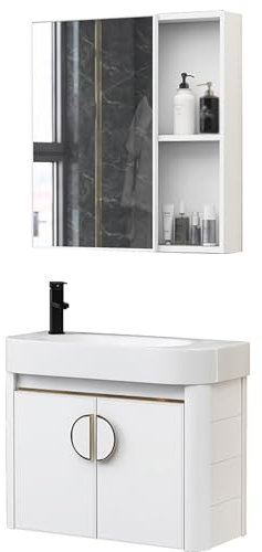Moderno mueble de baño esquinero blanco con fregadero de cerámica y espejo
