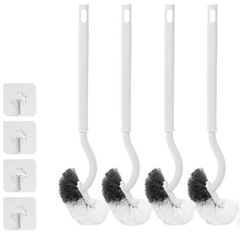 4 PCS Toilettenbürste, Klobürste mit Randreiniger, GOMETY Upgrade WC Bürste Gebogenes Design Flexible Langer Stiel Kunststoff Starken Borsten Reinigungsbürste Set mit klebehaken für Tiefenreinigung