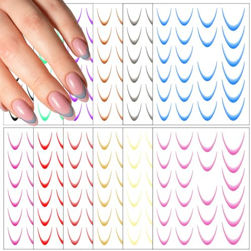 Nogeqi 12 Stück Gradient French Tip Nail Sticker, French Nails Schablone, Line Nagelsticker Selbstklebend, Aufkleber Nägel Neonail Sticker Set Nageldesign Nägel Zubehör Diy Dekoration 12 Farben