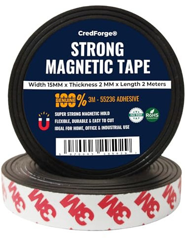 CredForge® Strong Magnetic Strip 15MM x 2MM (Thickness) x 2M | Magnetic Strips Self Adhesive with 3M Backing | Cut to Fit for Fly Screens, Windows, Tools, Remotes, Whiteboards, Fridge Doors & More