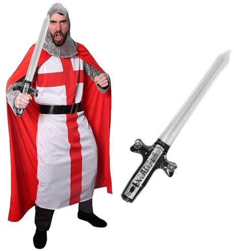 I LOVE FANCY DRESS Ritter-Kostüm für Herren – XXL – Englische Flagge Tunika mit grauer Kapuze und aufblasbarem Schwert – King Arthur Excalibur Fußball Six Nations Rugby