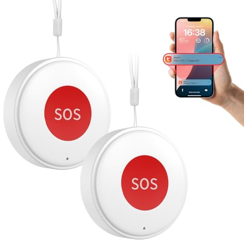 Daytech Tuya WiFi Rechargeable SOS Call Button NO FEES 2 Pack | Personal Alarms For Elderly Panic Button For Elderly/Patient,Linked to Phone No Distance Limit,Supports 2.4GHz Wi-Fi