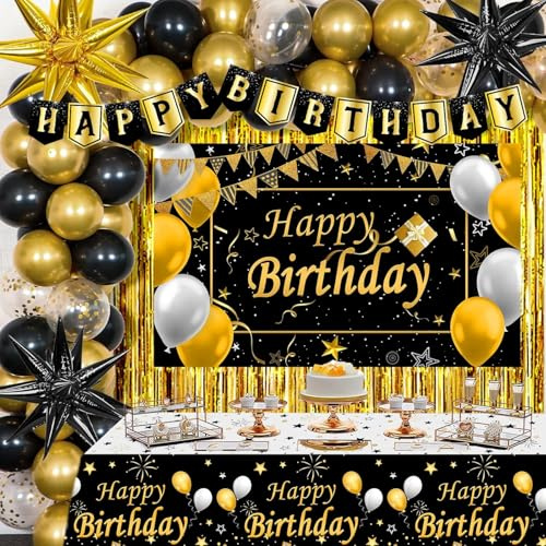 Black and Gold Party Decorations for Men Women, Happy Birthday Backdrop Banner Black Gold, Birthday Decorations with Balloons Arch Golden Fringe Curtain Tablecloth, Mens Women Bday Party Supplies