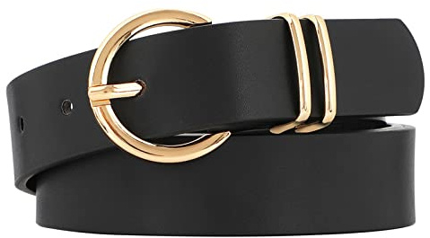 JASGOOD Ceinture Femme Mode Ceinture en Cuir pour Femme Réglable avec Boucle Dorée pour Jeans Pantalons Robes,Noir,140cm