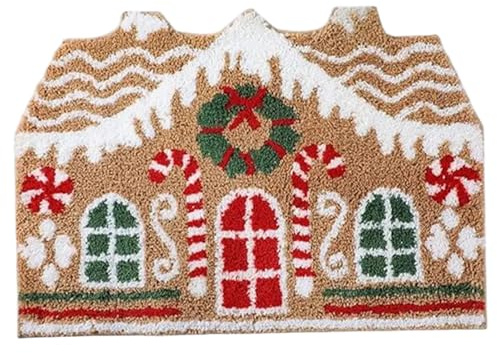 Csafyrt Weihnachts-Badezimmerteppich weicher Lebkuchenhaus-Badezimmerteppich rutschfeste saugfähige Badematte für Zuhause Büro H