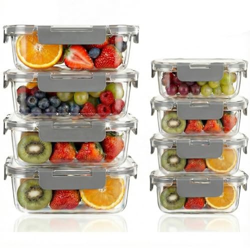 OFFASST Glasbehälter mit Deckel Set, 8-tlg Meal Prep Boxen & Vorratsdosen (370ml & 1040ml) aus Borosilikatglas mit BPA-freiem Deckel, Frischhaltedosen für Mikrowelle, Gefrierfach & Spülmaschine