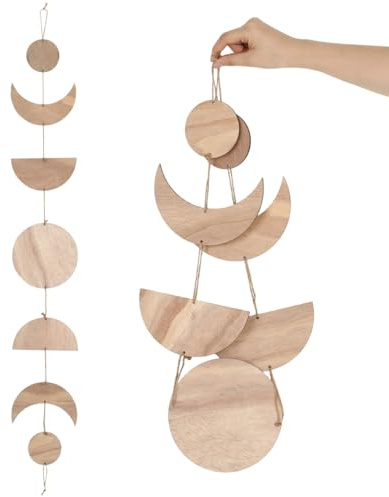 jojofuny Boho Holz Wanddeko Sonne Mond Runder Wandbehang Set | Rustikaler Holz Anhänger mit Kordel für Wohnzimmer Schlafzimmer Fenster Türen Und Überdachte Balkone