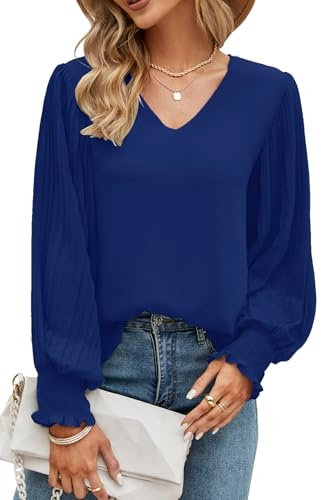 Odosalii Womens Tops Pleated Lantern Sleeve V-Neck Shirts Elegant Solid Color Loose Fit Casual Chiffon Blouse Royal Blue