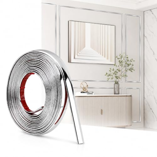 5m*8mm Width Silver Wall Molding Trim, Chrome Strip, Silver Self-Adhesive Decorative PVC Beading, Metal-Like Electroplated Chrome Edge Protector for Ceiling Mirrors Tiles Corners