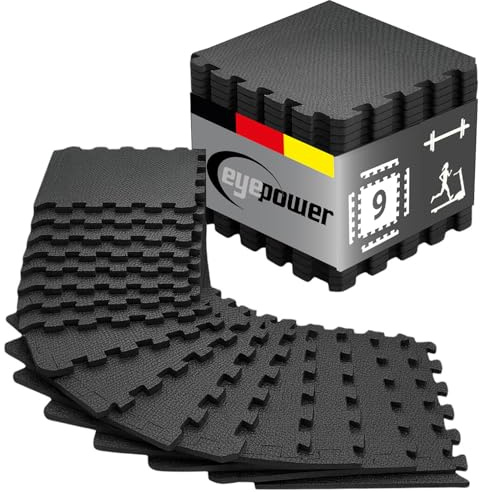 eyepower Bodenschutzmatte Fitness mit Rand - 9 Puzzlematten 30x30 cm Schwarz 0,8qm Homegym Fitnessmatte Bodenmatten Fitnessraum Fitnessgerät Dämmmatte Laufband Fahrrad Crosstrainer Sportmatte Outdoor