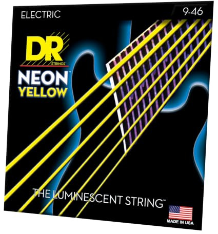DR Strings Hi-Def Neon Gelb NYE-9/46 – E-Gitarre Light/Medium 9-46 | UV- & Schwarzlicht-Effekt, K3-Beschichtung, Lange Haltbarkeit, Klarer Klang, Hex Core, Silver Plated Steel