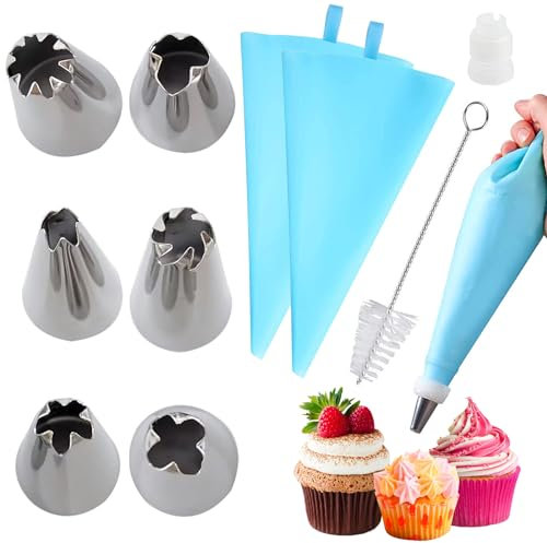 EQLEF Icing Piping Cream Pastry Bag and 6 x Stainless Steel Nozzle Set DIY Cake DIY Decorating Tool with Cleaning Brush and Twist Ties