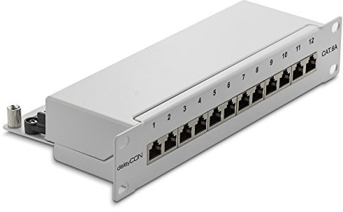 deleyCON CAT6a Panneau de Brassage 12 Port Bureau 10 Pouces Le Montage en Rack Assemblage du Serveur 12x RJ45 Blindé TIA568A TIA568B - Gris Clair