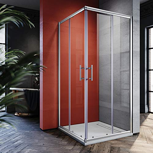 SONNI Duschkabine Eckeinstieg 76x80x195cm, Schiebetüren, 5mm ESG, Silber | Edelstahlgriffe, herausnehmbare Rollen zur leichten Reinigung, links oder rechts montierbar, platzsparende Schiebetüren
