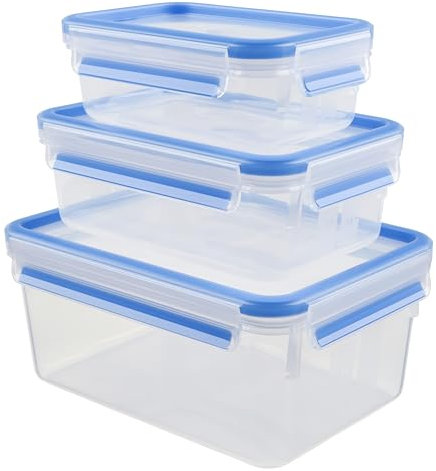 Tefal Masterseal, Set de 3 piezas, Herméticos de plástico, 0,55/1/2,3 L, Envase para alimentos, Rectangular, Azul, K3028912