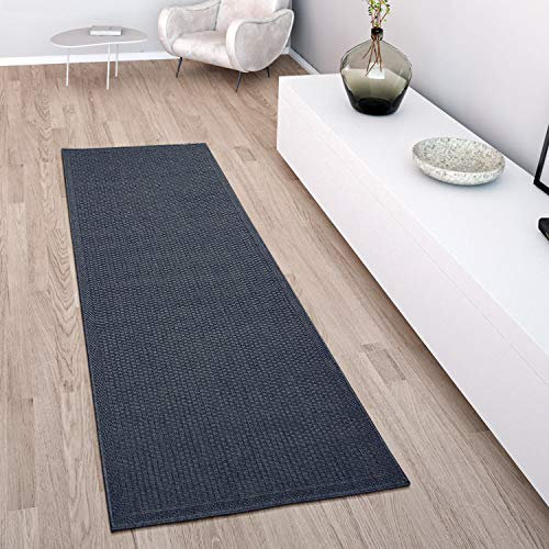 Paco Home In- & Outdoor Teppich wetterfest für Garten, Terrasse & Balkon flachgewebt in Moderner Sisaloptik einfarbig pflegeleicht & UV-beständig, Grösse:80x200 cm, Farbe:Navy-Blau