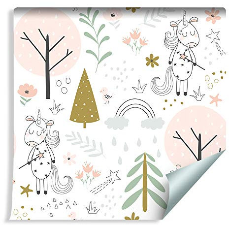 Muralo 1100430833 Wallpaper for Children - Unicorns in Magic Forest Non-Woven Plant Decorative Multicoloured