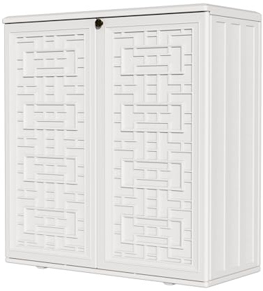 HOMSPARK Indoor/Outdoor Storage Cabinet with Doors and Shelf, 34”x15”x36” HDPE Plastic Storage Box Waterproof for Patio, Garden, Balcony, Multi-Purpose for Daily Tools, White