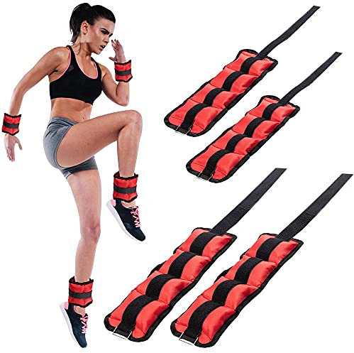 BAKAJI Lot de 4 poids pour poignet et cheville de 2 kg + 1 kg d'entraînement de gymnastique aérobic Fitness renforcement musculaire en néoprène avec fermeture déchirure et boucle réglable (rouge)