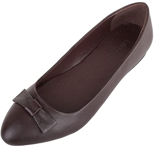 Womens Genuine Leather Slip On Formal Smart Work School Suit Ballerina Style Dolly Shoes - Dark Brown - UK 7 / EU 40