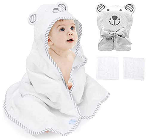 Baby Hooded Towels For Kids | Baby Bath Towels - Ultra Large Soft 100% natural organic bamboo fibers | Unique Little Bear Design - Bath Towel for Baby Girl and Boy (White)