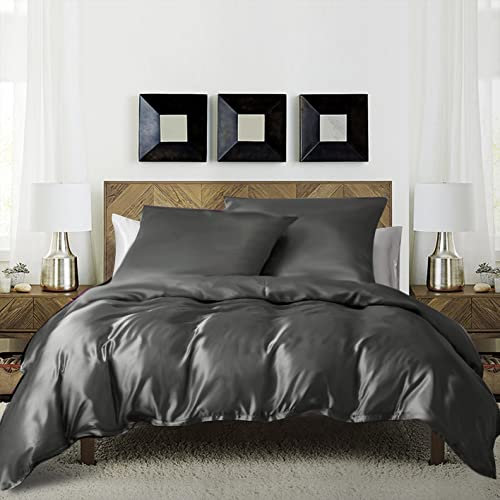 Luofanfei Bettwäsche Set 135x200 Grau Anthrazit Dunkelgrau Satin Glänzend Seide Glatt Glanzsatin Uni Bettwäsche Set Luxus Einfarbig Bettbezug Set Polyester Einzelbett mit Reissverschluss