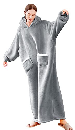 Aisbo Sherpa Hoodie Decke mit Ärmeln - Übergroße Tragbare Kuscheldecke mit Kapuze Blanket zum Anziehen Damen Erwachsene, Hellgrau Warme Dicke Ärmeldecke 150x87cm Herren als Geschenke