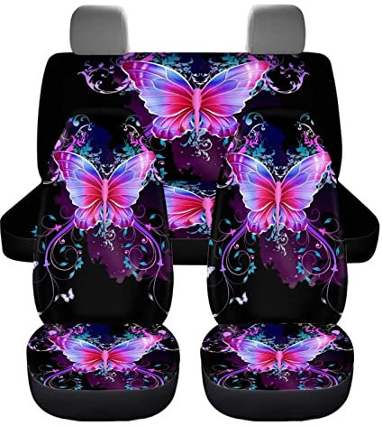 chaqlin Damen Autositzbezüge Full Set mit rosa Schmetterlingen Auto Vordersitz Rücksitzbezüge Hintere Eimer Hohe Sitze Split Bench Cover Protector Set von 4 Pcs Nette Schmetterling Auto Zubehör