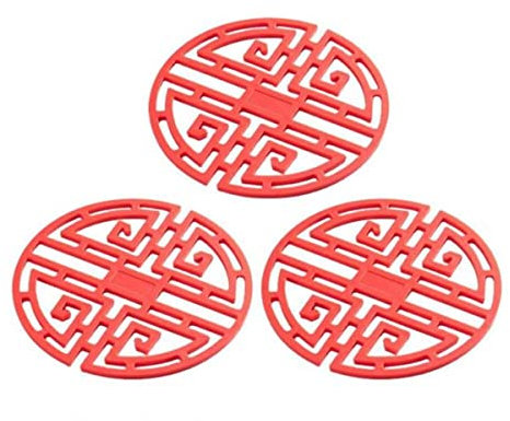 Lot de 3 Sous-Verre Décoratifs Flexibles de Style Rétro Chinois pour Tasse de Cuisine Rouge