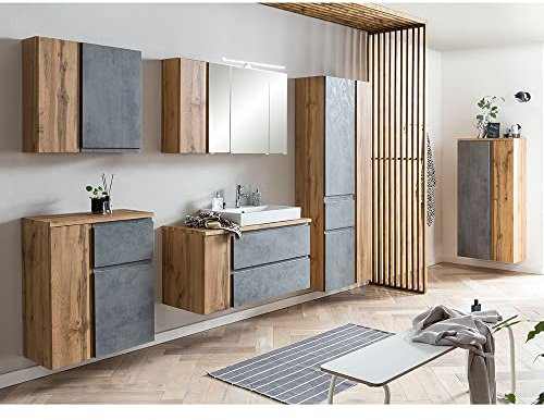 Lomadox Badmöbel Komplett Set inkl. Keramik-Waschbecken rechts und LED Beleuchtung in Wotan Eiche Nb. mit Beton Optik,