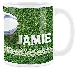 Rugby Personalised Mug - Custom Name White Rugby Ball Design Tea Coffee Gift Mug Present
