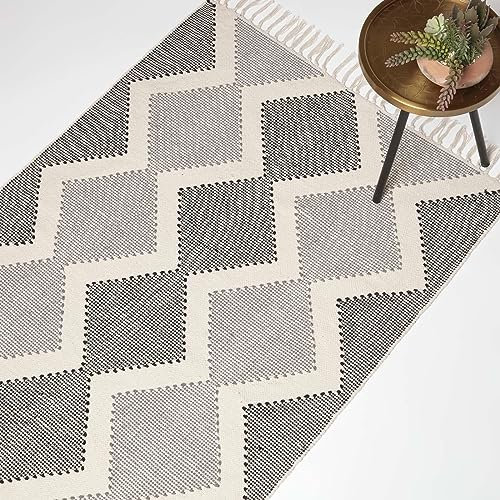 Homescapes Malmö Ethno-Teppich schwarz-Creme-grau 90x150 cm, Fransen-Teppich handgewebt, Struktur-Teppich Baumwolle